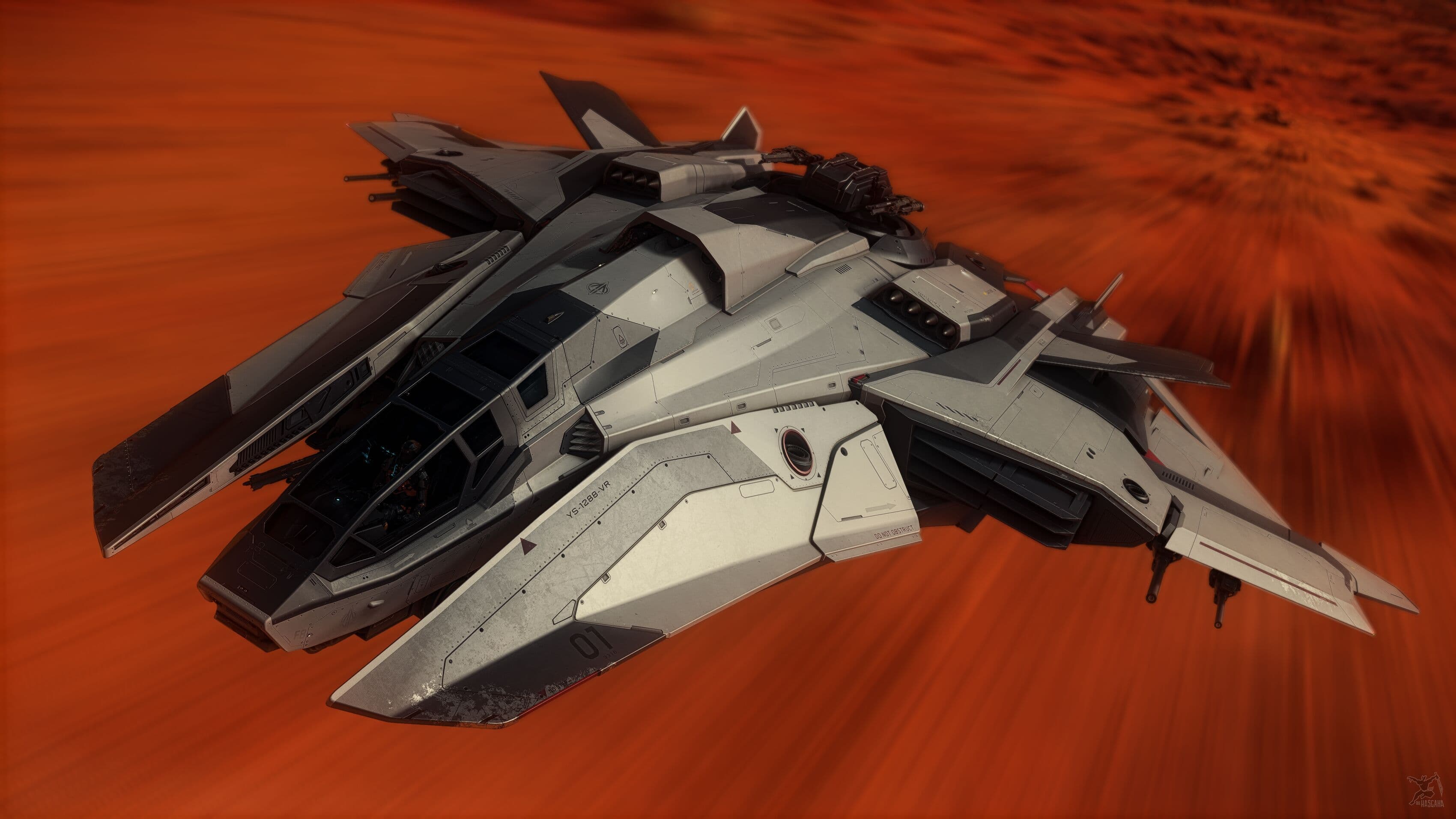 Star Citizen — an Anvil F8C Lightning heavy fighter streaking over a red planet. Screenshot via hasgaha.com.
