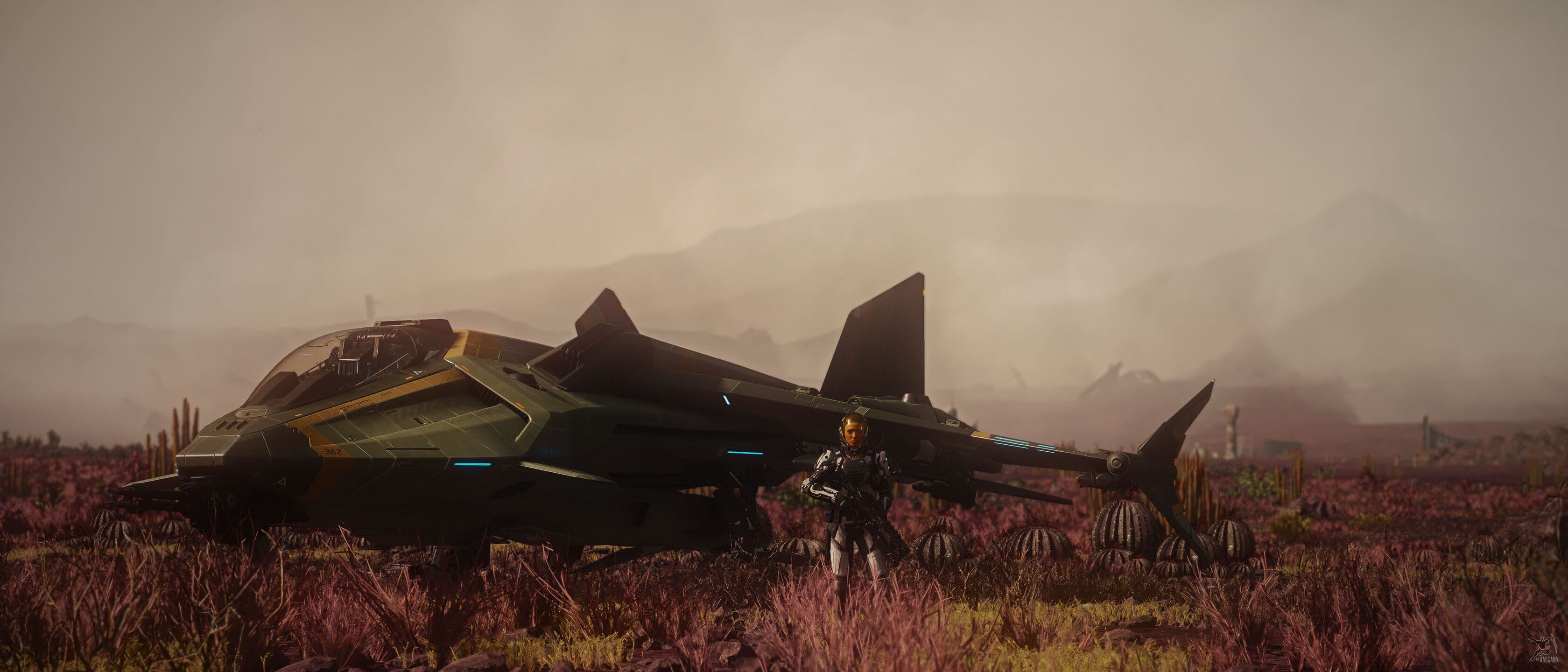 Star Citizen — an Aegis Gladius light fighter in flight over Hurston. Screenshot via hasgaha.com.