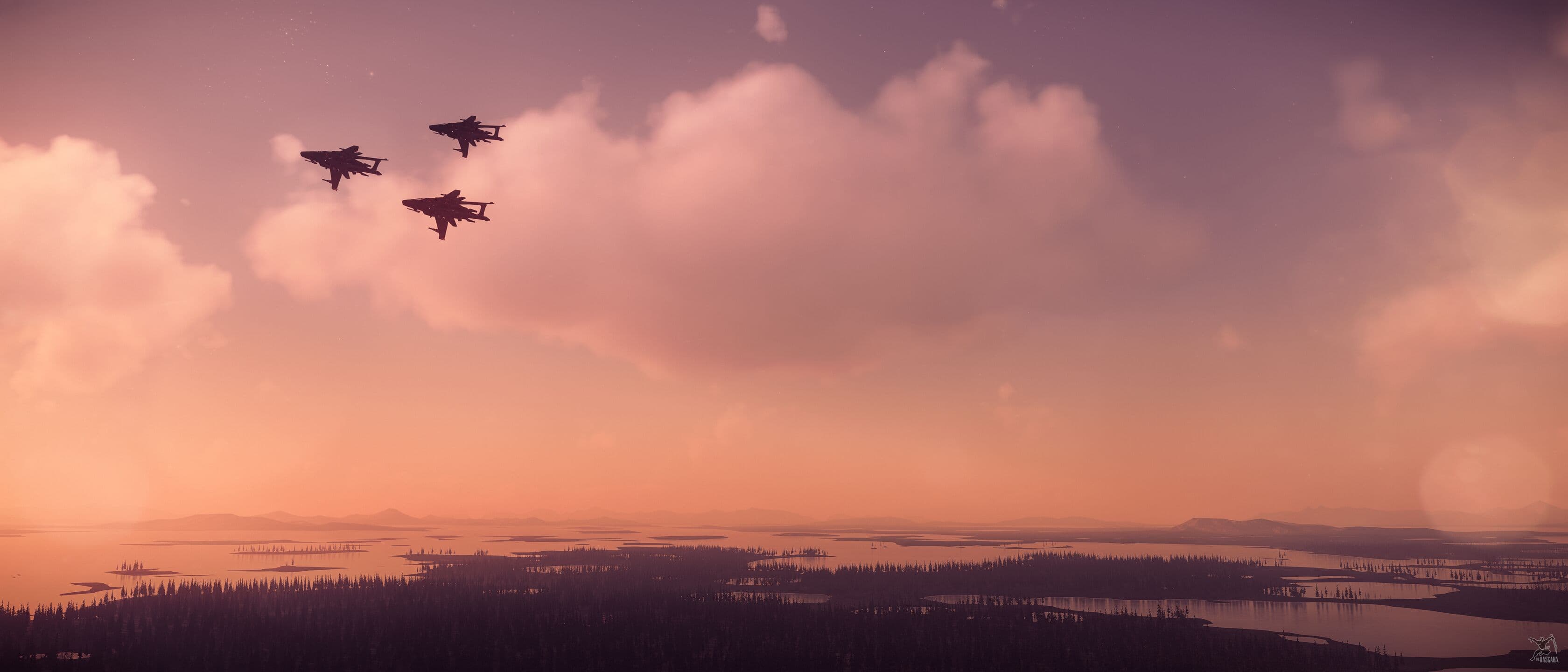 Star Citizen — three Anvil Hornet fighters flying in formation over a lake at dusk. Screenshot via hasgaha.com.