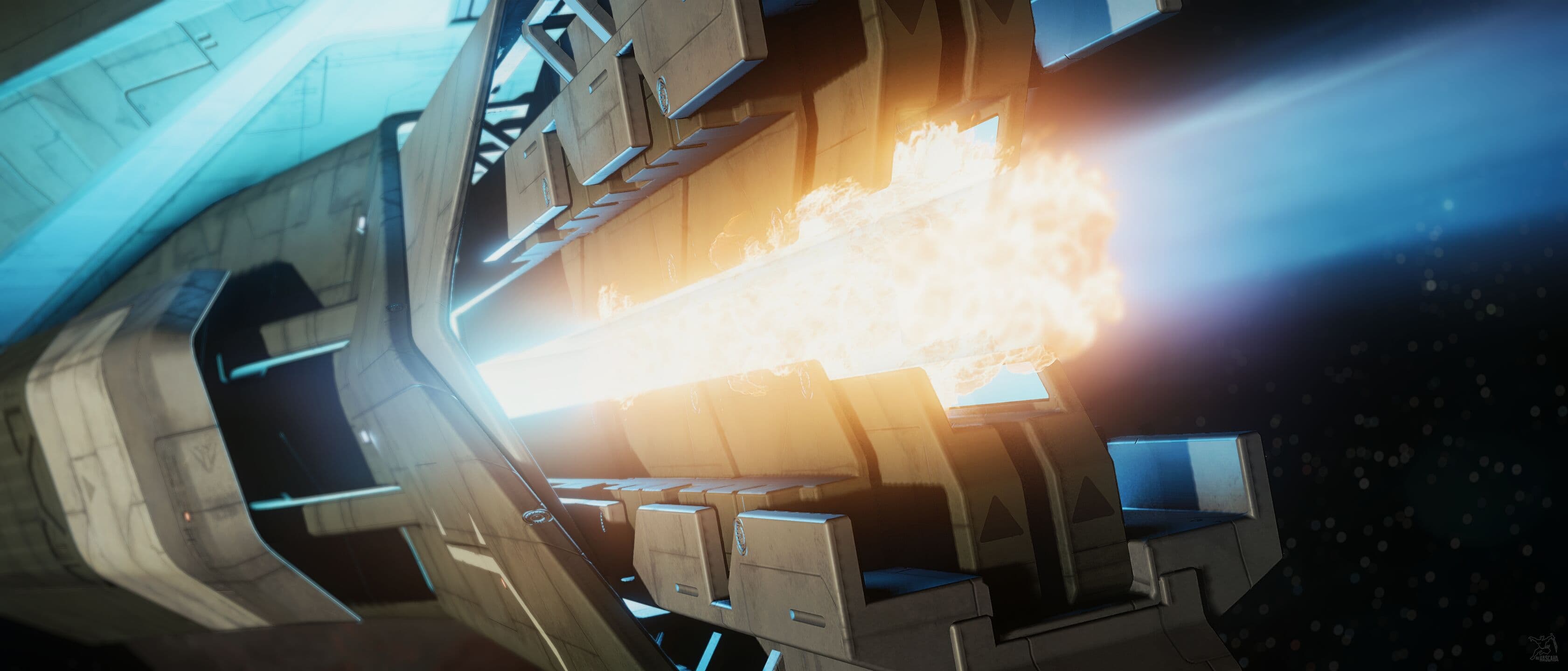 Star Citizen — an Idris-class frigate firing its spinal railgun. Screenshot via hasgaha.com.