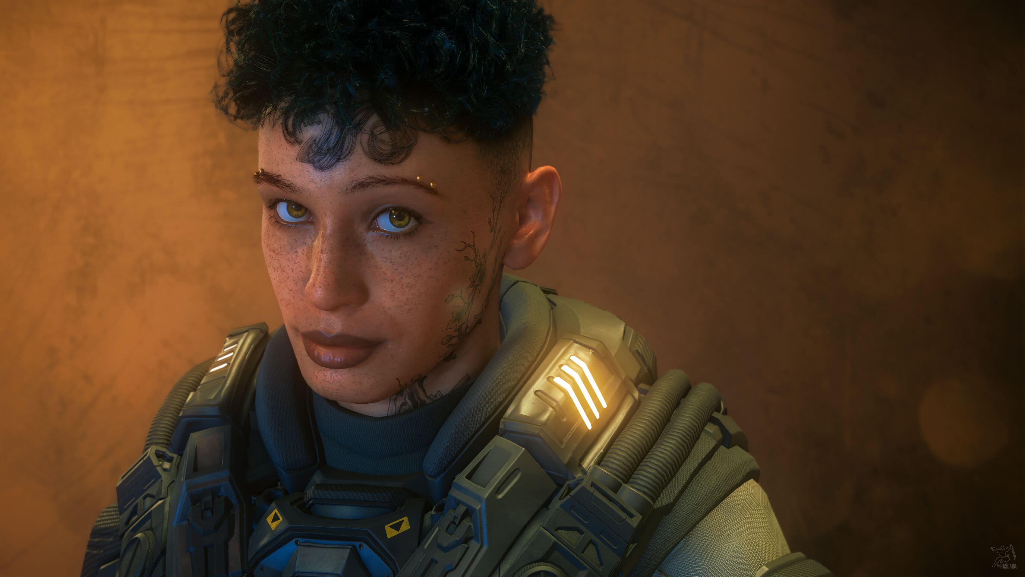 Star Citizen — portrait of a UEE Navy pilot in flight gear. Screenshot; illustrative.