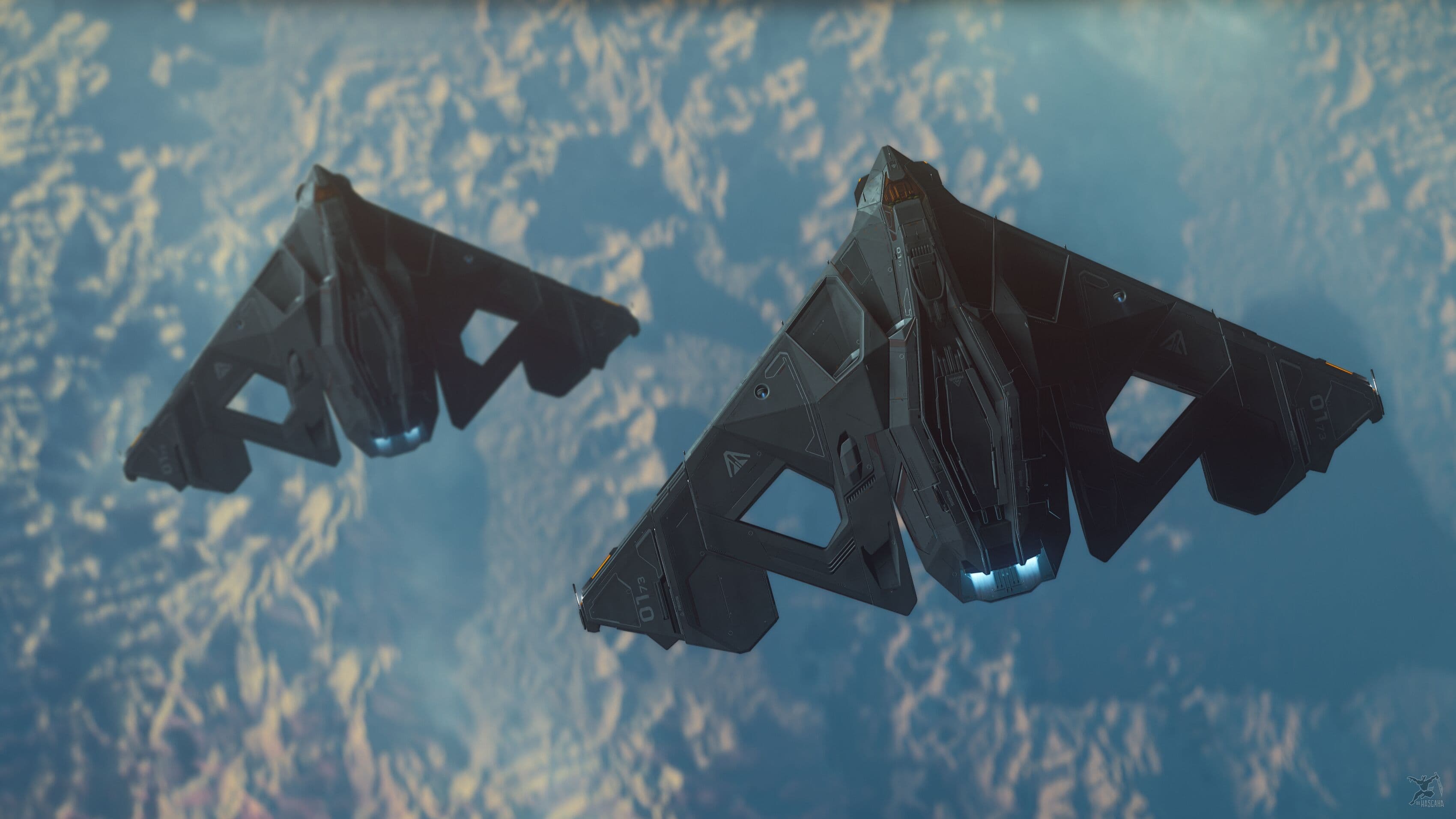 Star Citizen — two Aegis Eclipse bombers near a shattered moon. Screenshot via hasgaha.com; illustrative, not the Odin system specifically.