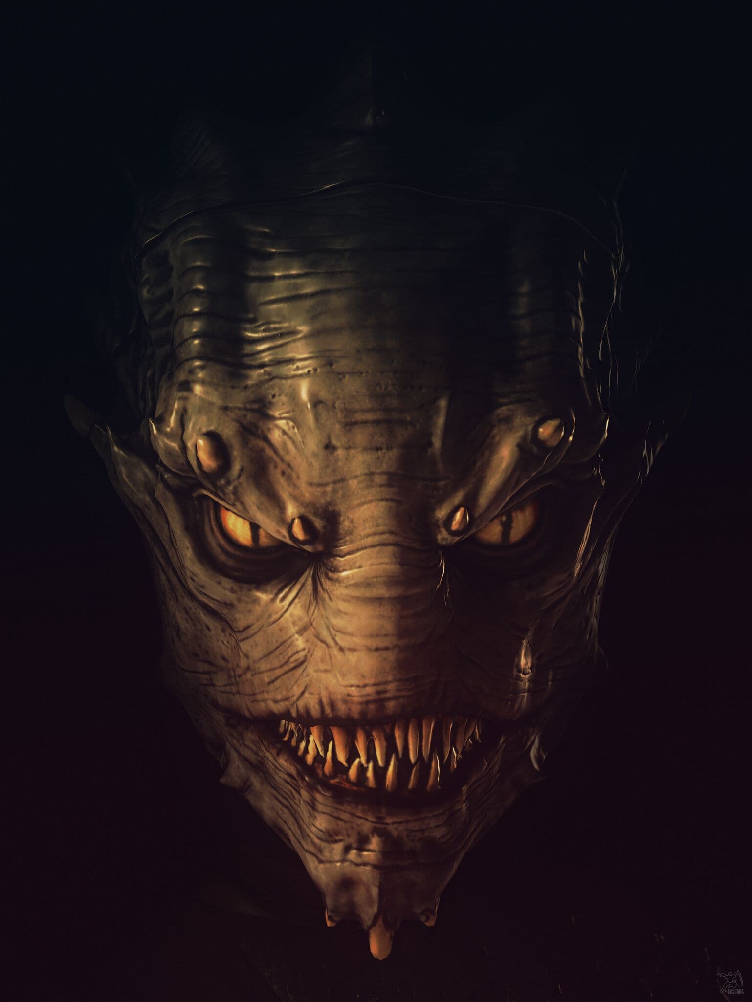 Star Citizen — a Vanduul face, close up, with glowing eyes. Screenshot via hasgaha.com.
