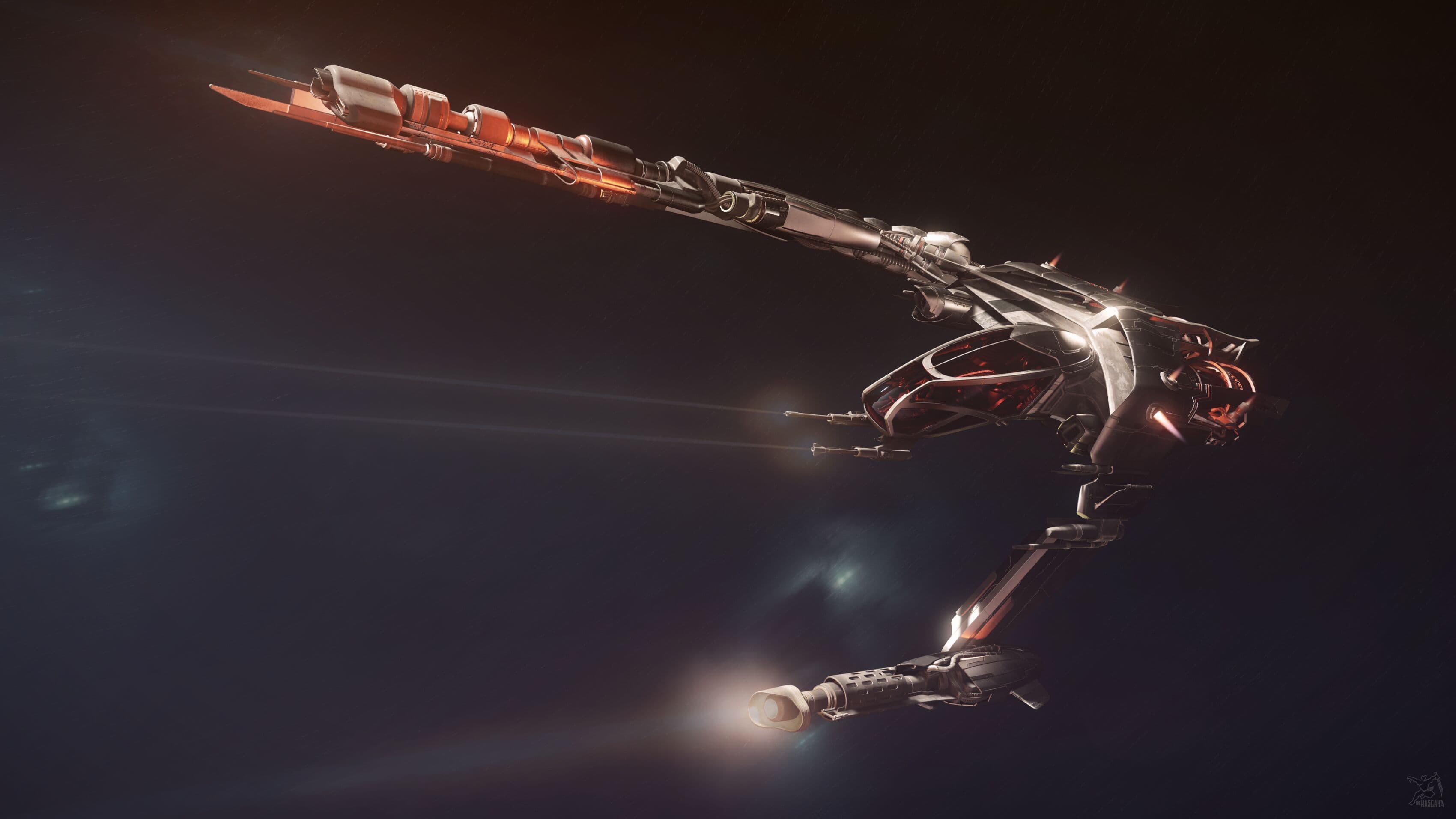 Star Citizen — a Vanduul Scythe fighter in flight, dark and red-lit. Screenshot via hasgaha.com.