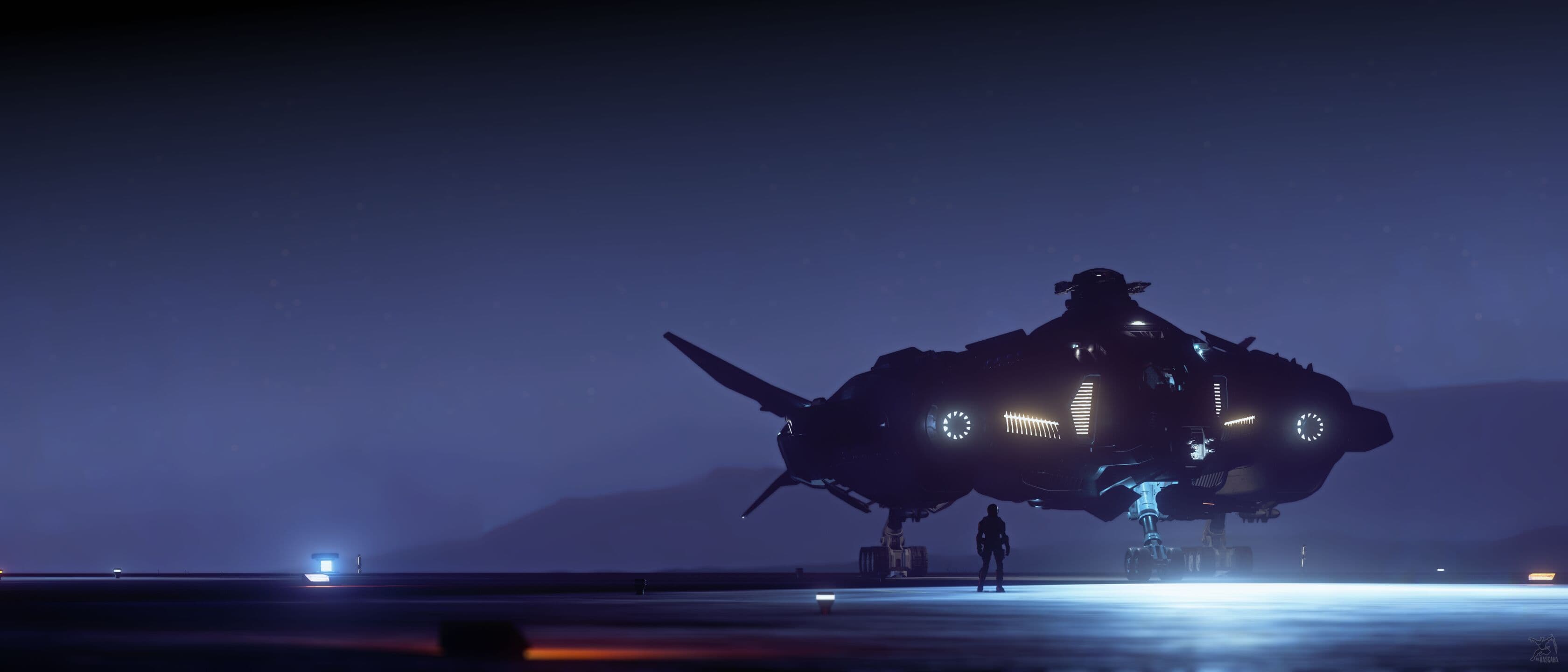 Star Citizen — Vanguard landed at night. Screenshot via hasgaha.com.